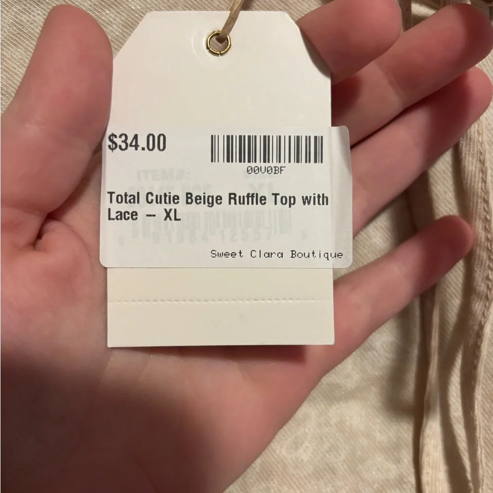 GRACE & EMMA Beige Ruffle Blouse with Lace Size XL - Picture 4 of 6